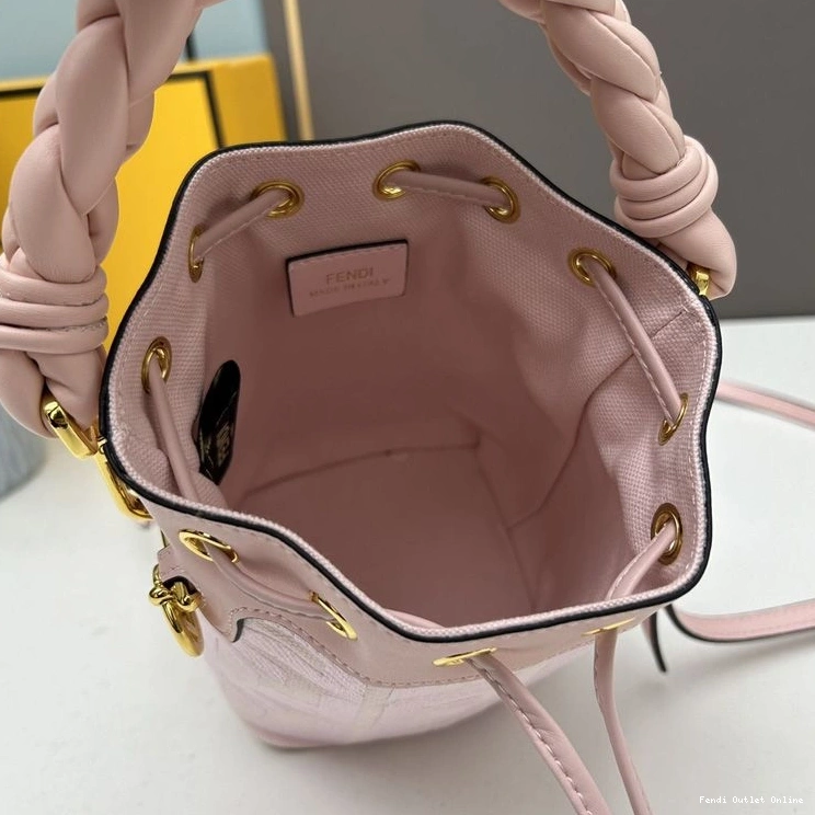 Affordable Mon Canvas Fendi Bag Pink Tresor Woven In FF Mini Handle with Bucket Motif 0719